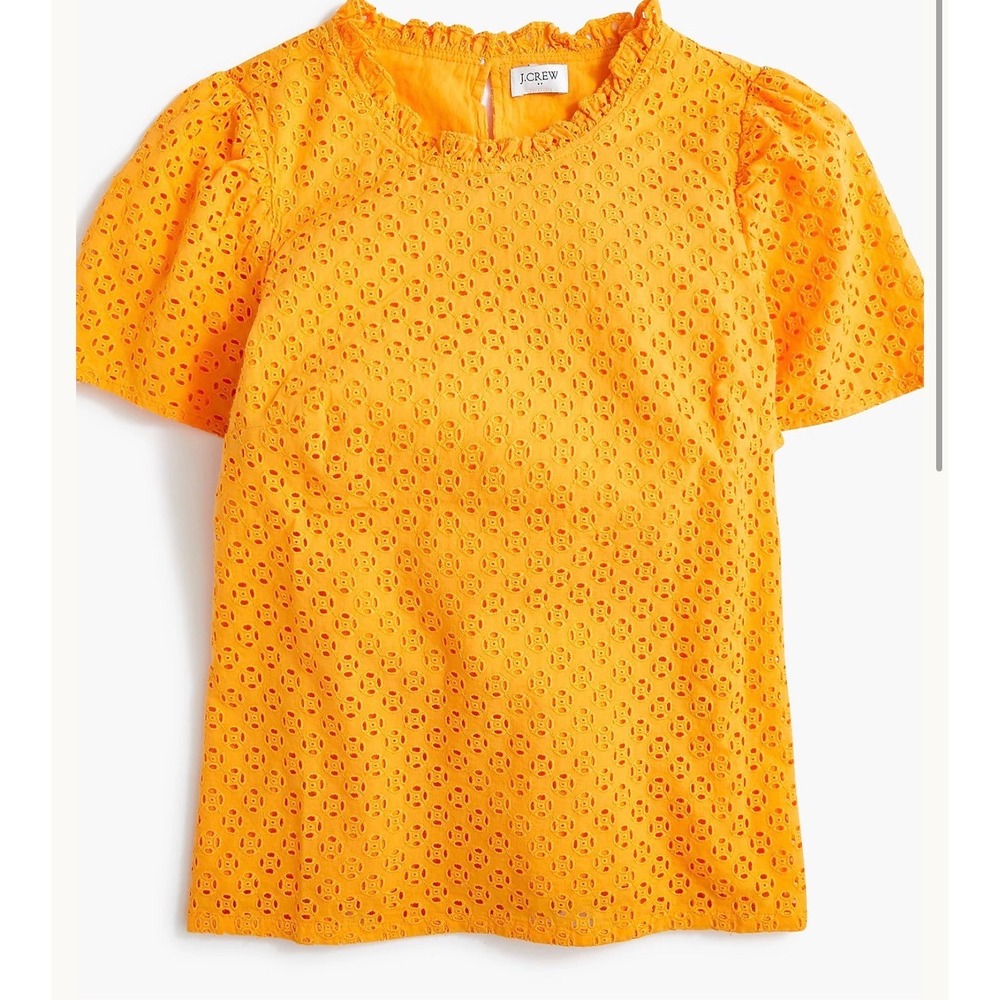 J.Crew Eyelet Puff-Sleeve Top Large Orange Ruffle Cotton Blouse Spring Prairie